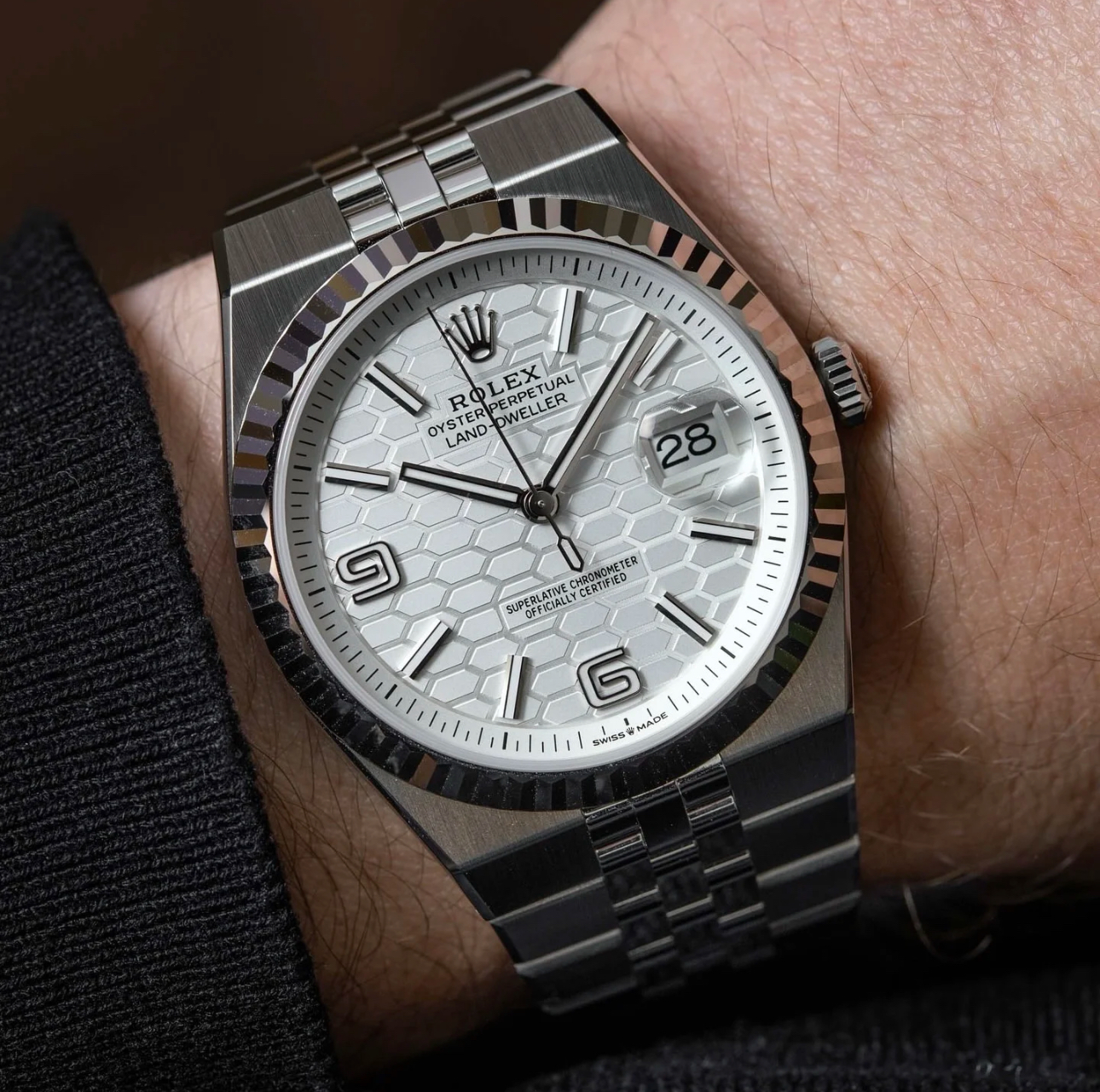 Rolex Land-Dweller 40mm Super Clone Swiss Replica Watch Ref M127334-0001 with 7135 Swiss Movement – wrist shot close-up