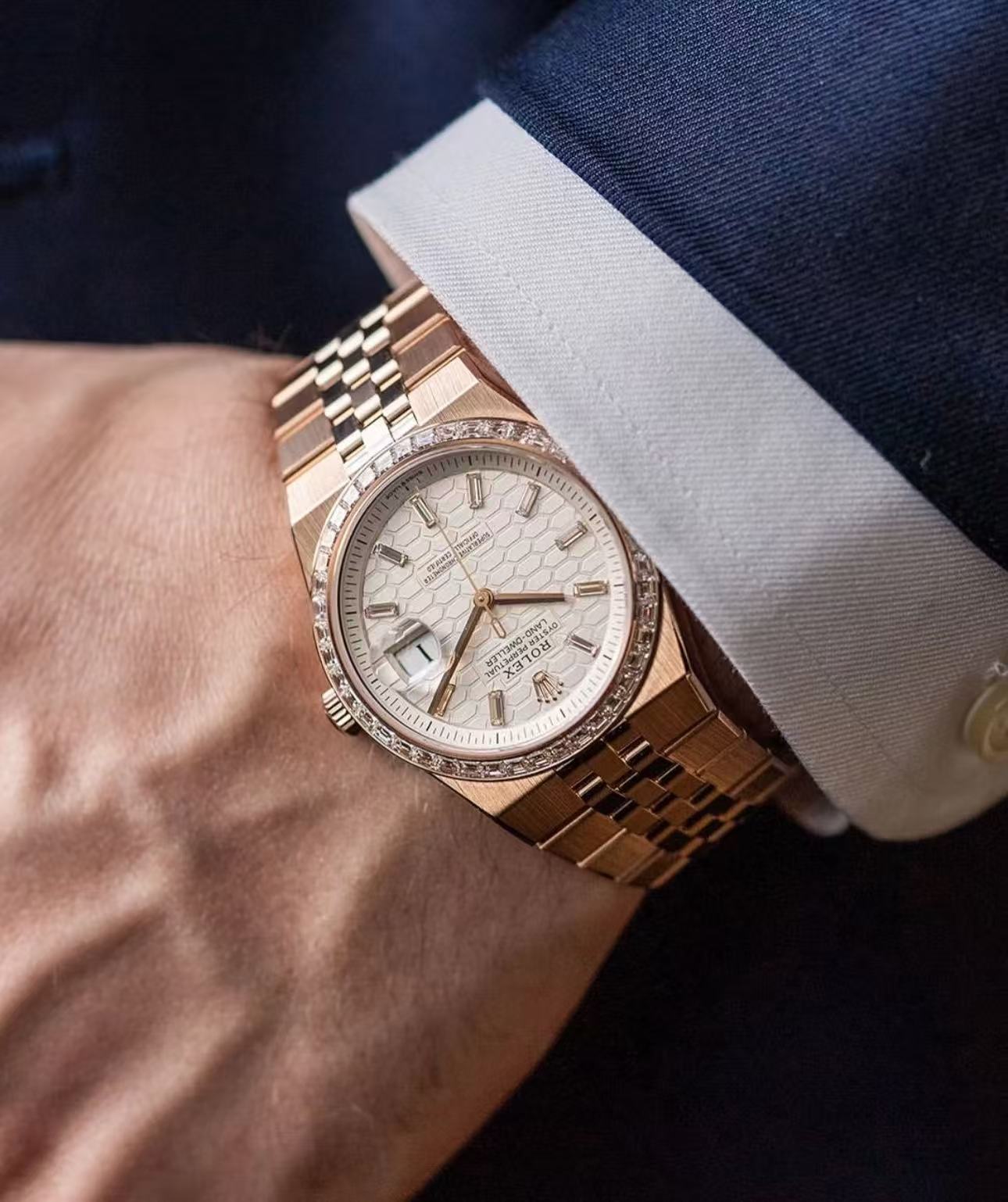 Rolex Land-Dweller Super Clone Swiss Replica Watch Ref 127385TBR-0003 with 7135 Swiss Movement – wrist shot close-up