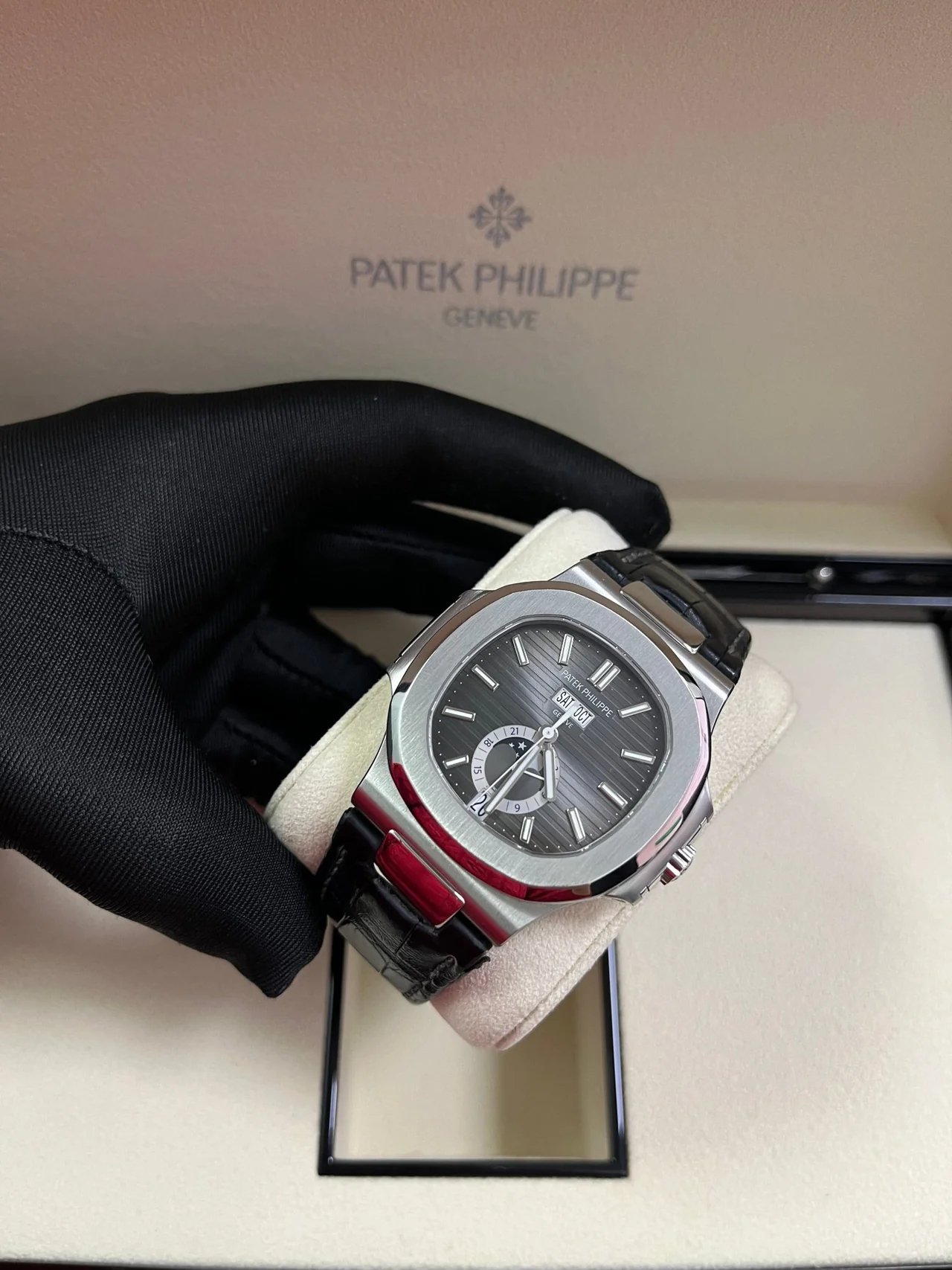 Patek Philippe Nautilus 5726A-001 Super Clone – Moon Phase Black Dial on Leather Strap
