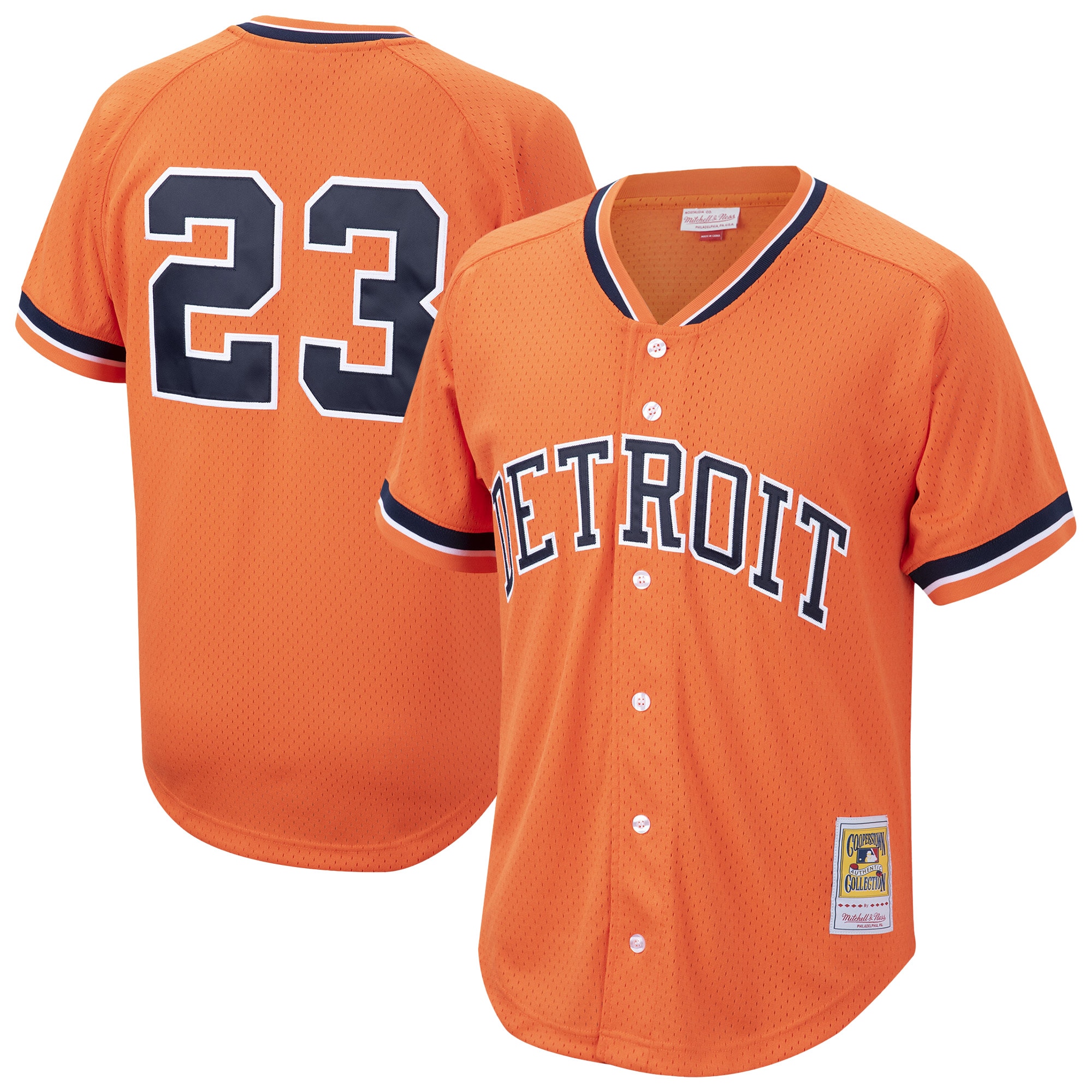 MLB Men’s Detroit Tigers Kirk Gibson Mitchell & Ness Orange Cooperstown Collection Mesh Batting Practice Button-Up Jersey