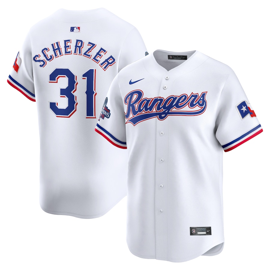 Max Scherzer Texas Rangers Nike Home 2023 World Series Champions Limited Jersey – White