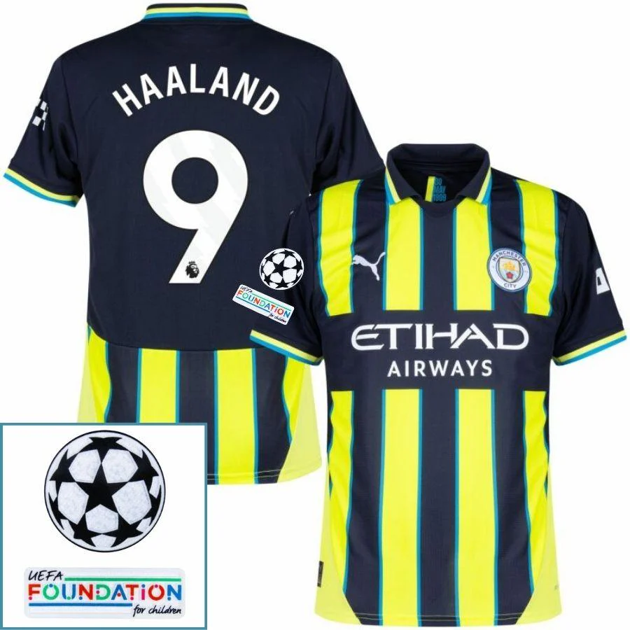 Manchester City Haaland 9 Away 2024/25 Patches UCL UEFA Foundation (Official Printing)