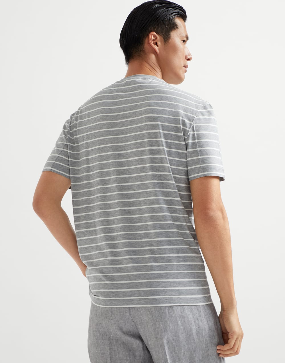 Silk and cotton striped jersey crew neck T-shirt with chest pocket