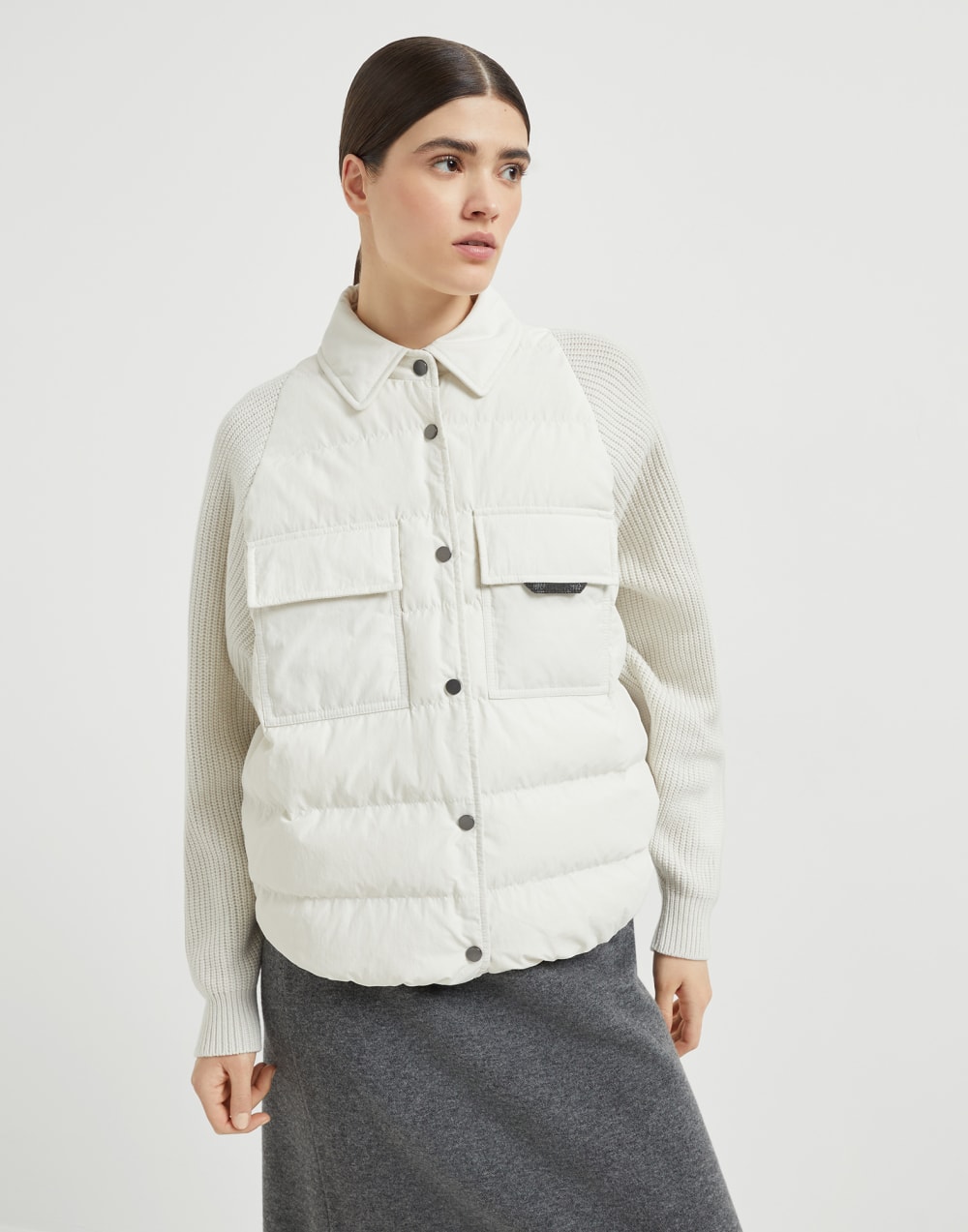 Water-resistant techno cotton and virgin wool, cashmere and silk knit down jacket with shiny flap detail