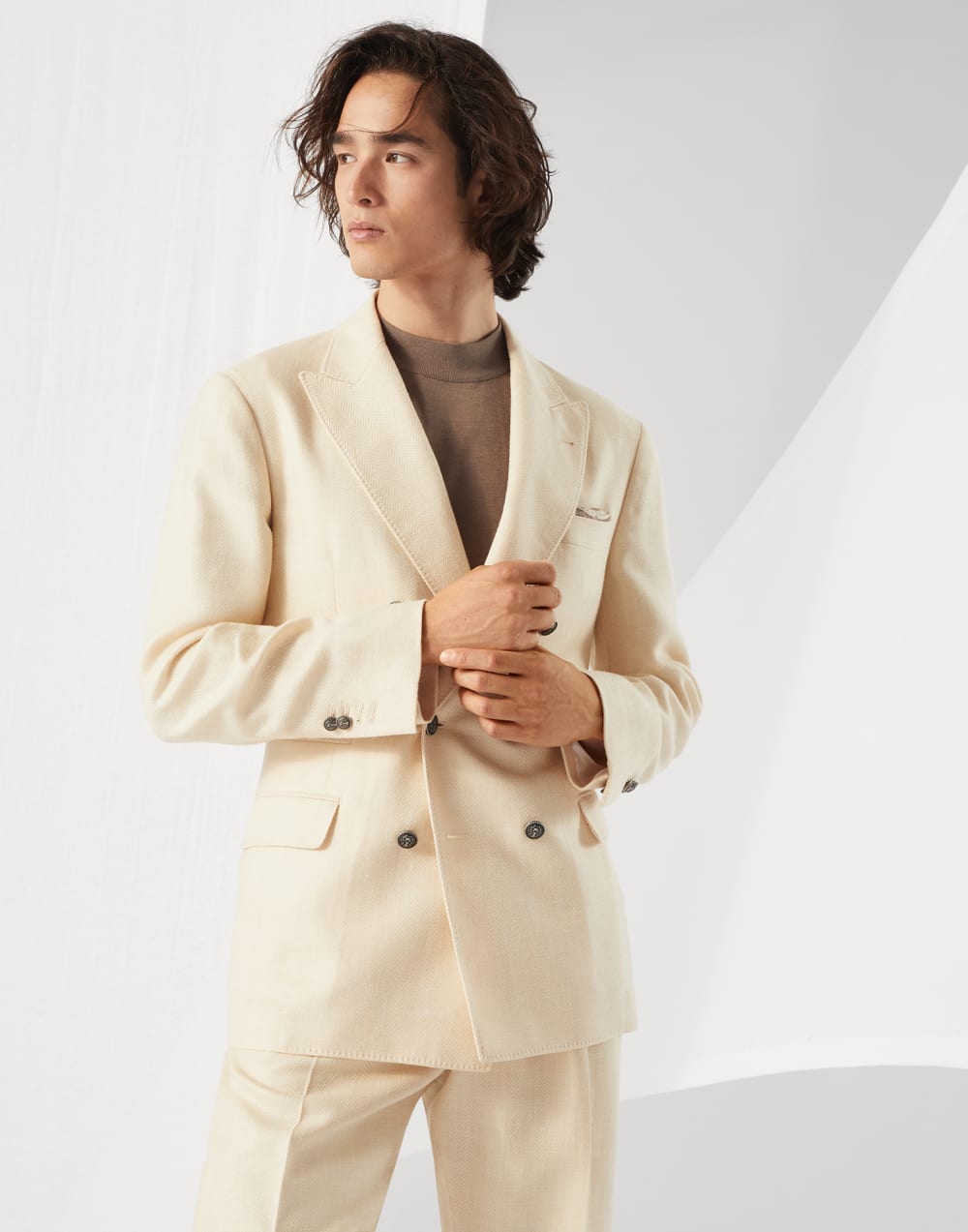 Wool, silk and linen chevron one-and-a-half breasted deconstructed blazer with metal buttons