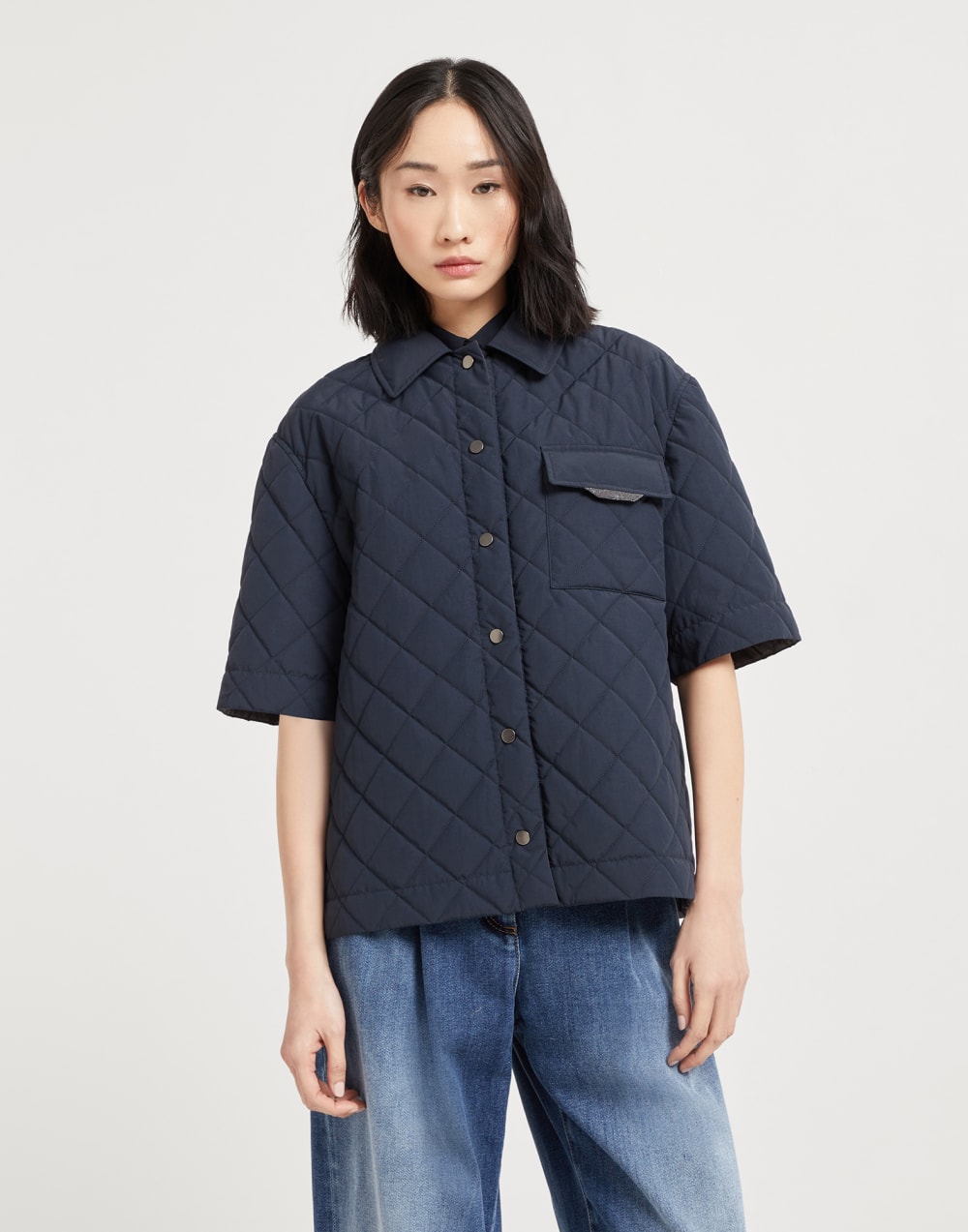 Water-resistant techno cotton short sleeve outerwear jacket with Thermore® padding and shiny flap detail