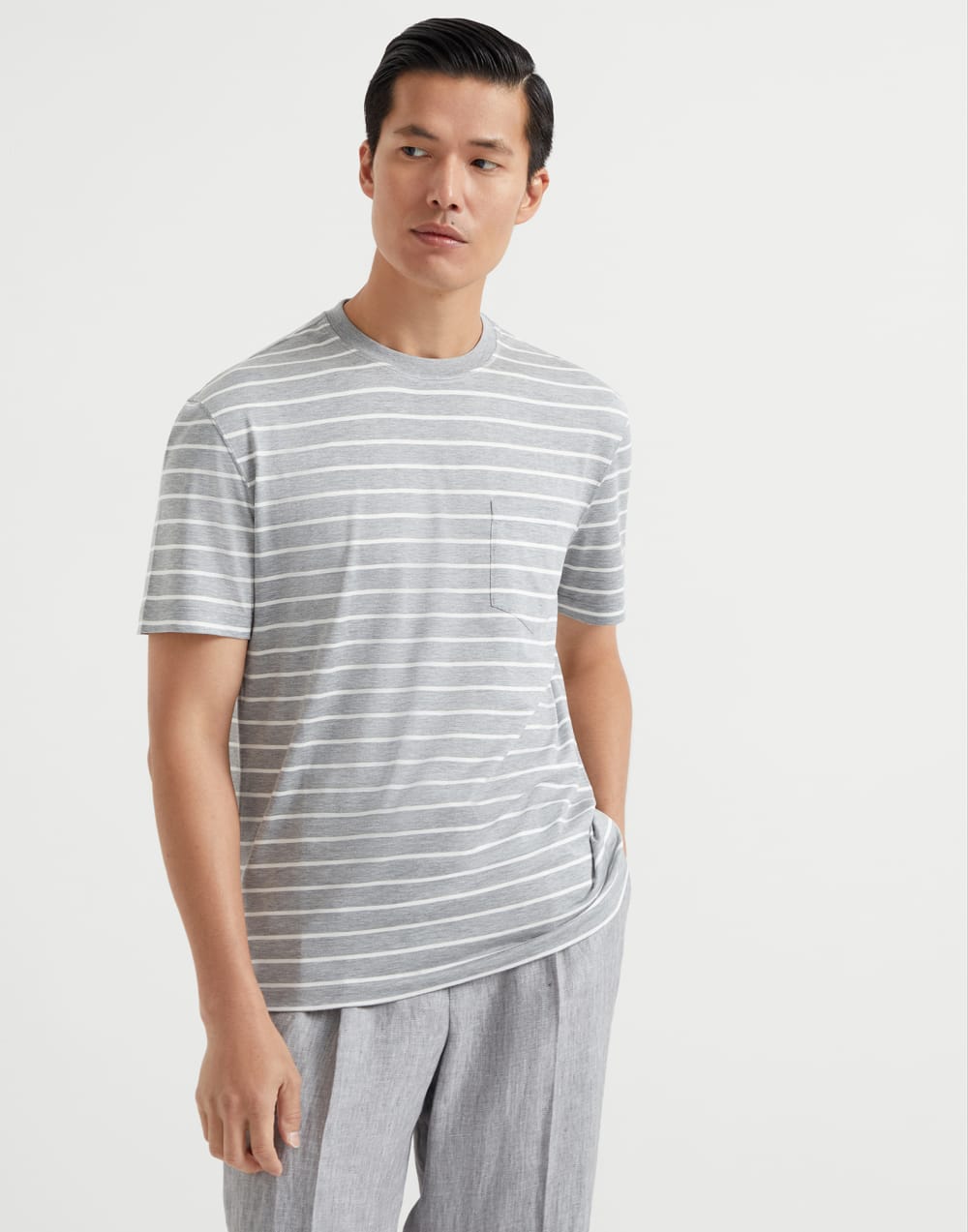 Silk and cotton striped jersey crew neck T-shirt with chest pocket