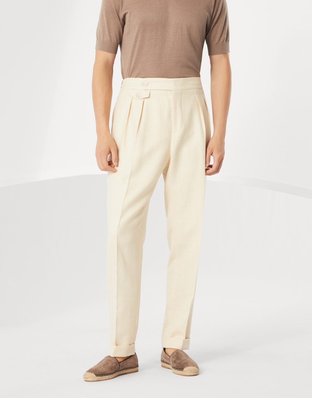 Wool, silk and linen chevron leisure fit trousers with double pleats and waist tabs