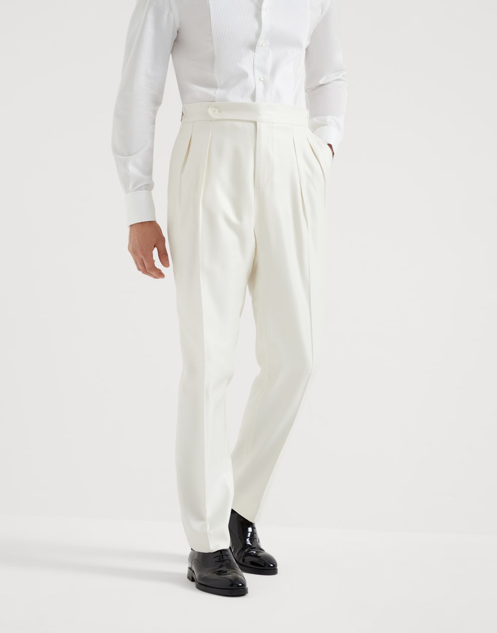 Silk diagonal tuxedo trousers with double pleats and tabbed waistband
