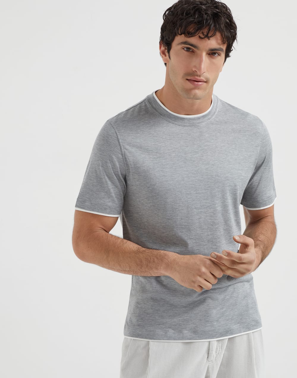 Silk and cotton lightweight jersey crew neck T-shirt with faux-layering