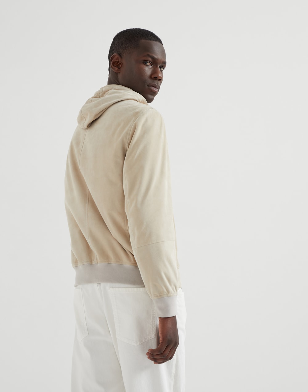 Suede sweatshirt with hood, zipper and knit inserts
