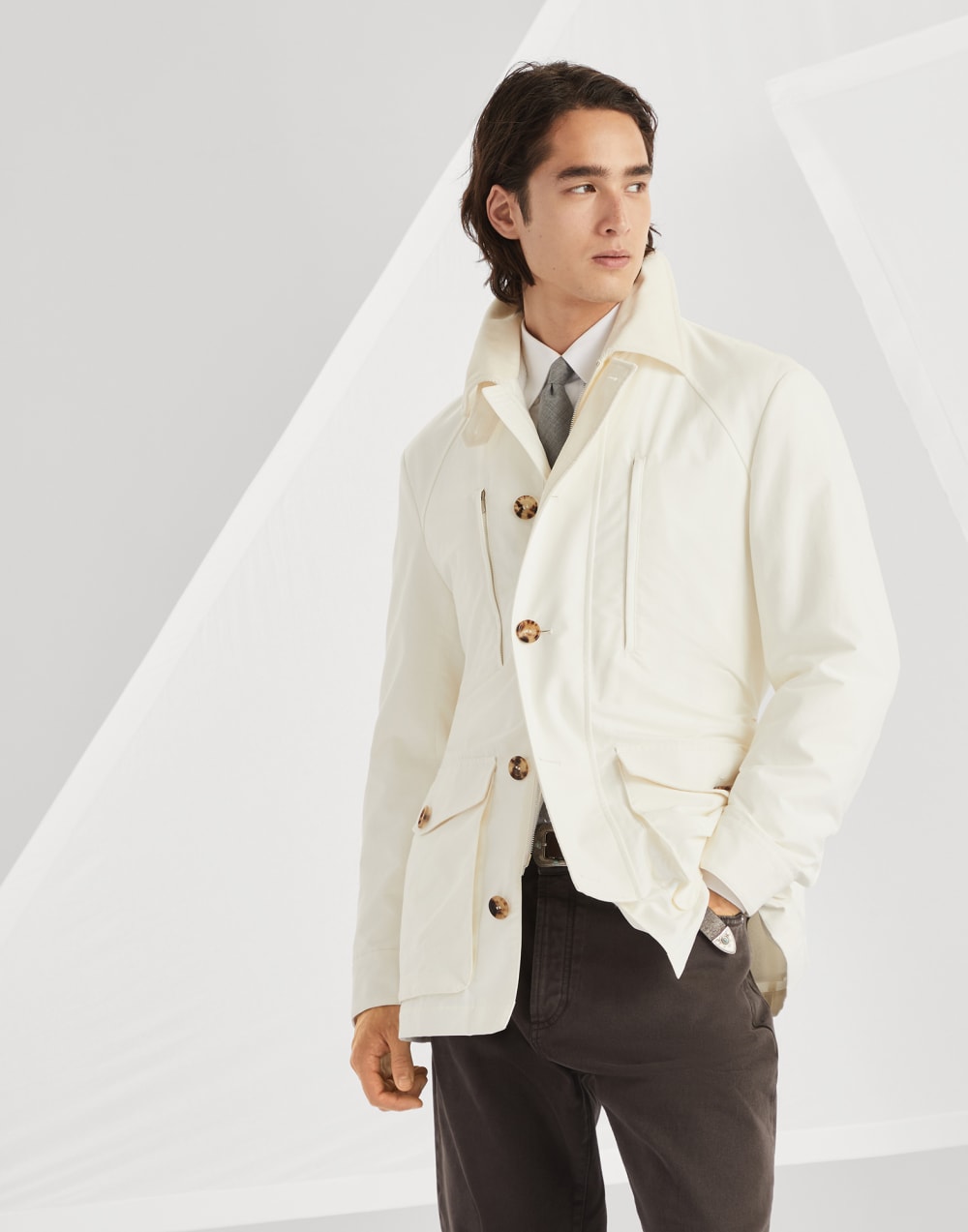 Water-resistant techno cotton gabardine belted parka