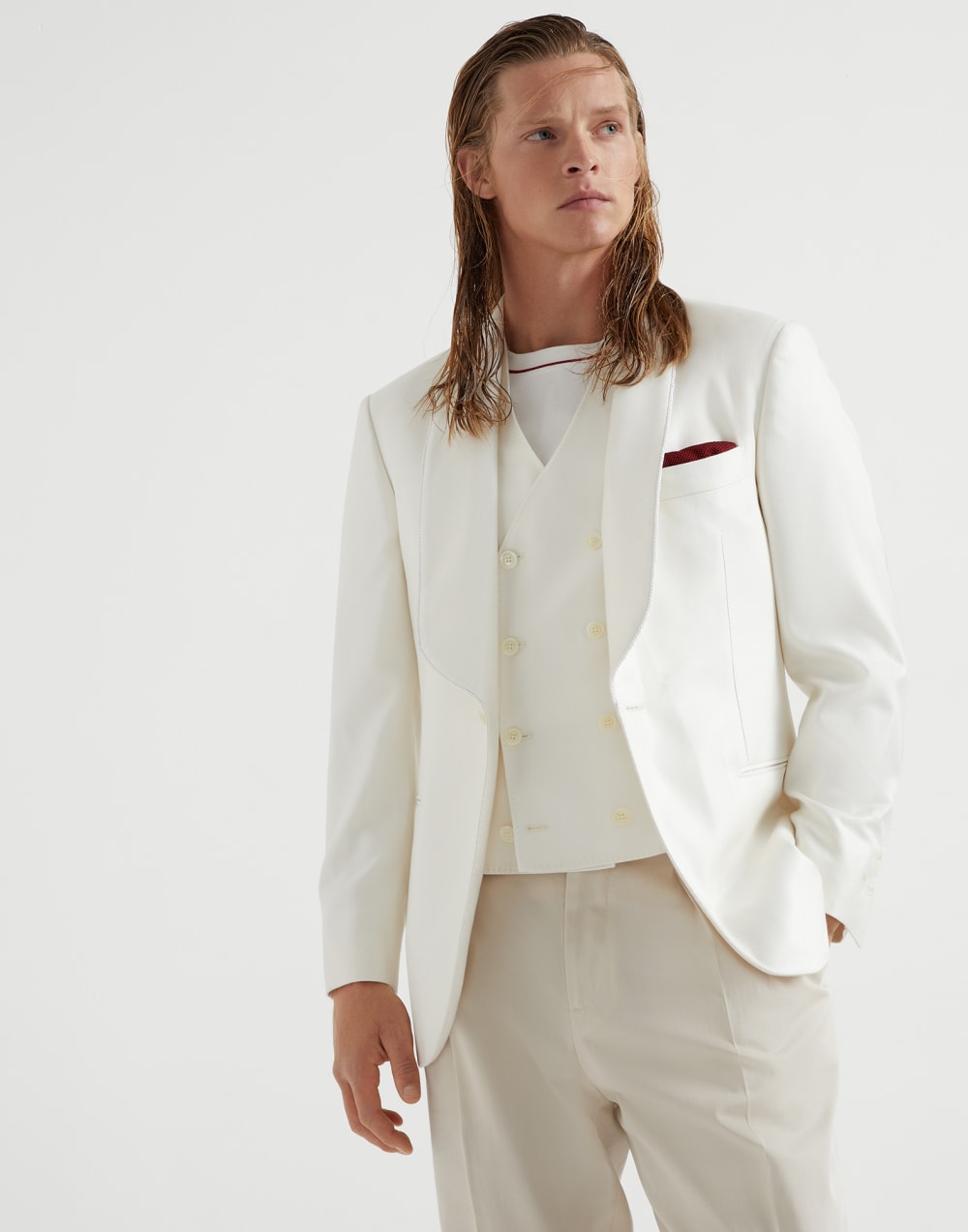Silk diagonal tuxedo jacket with shawl lapels and piping