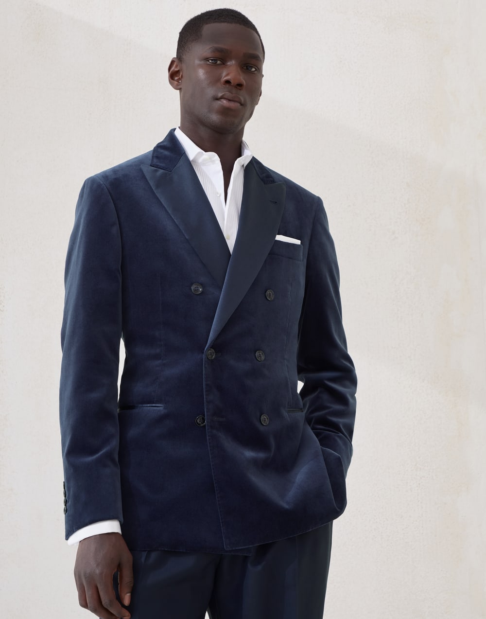 Cotton and silk velvet one-and-a-half breasted tuxedo jacket