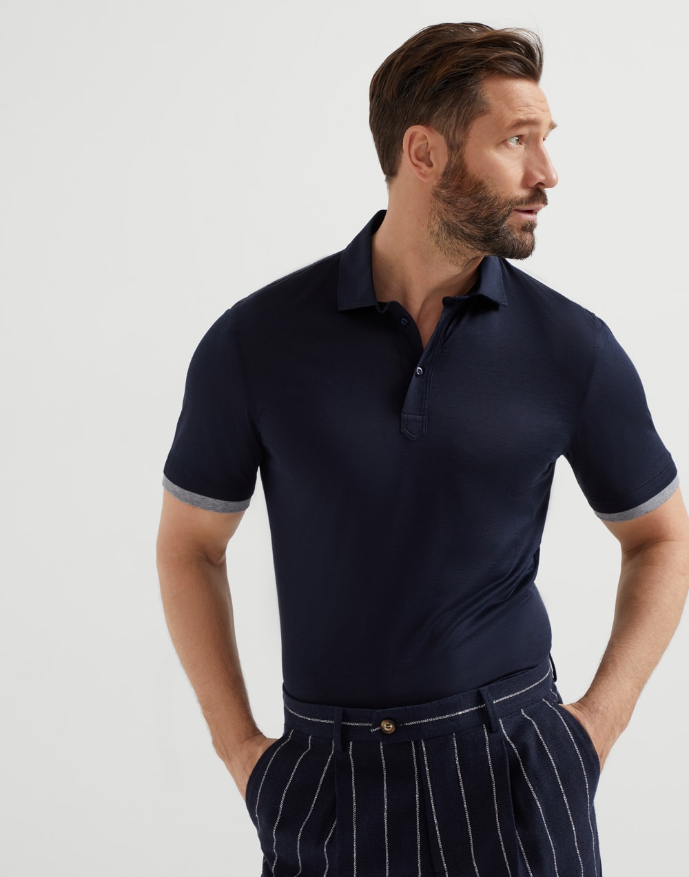 Silk and cotton jersey shirt-style collar polo with faux-layering