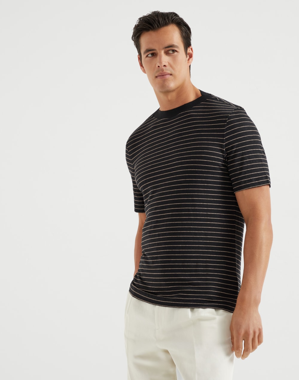 Striped linen stretch jersey boat neck T-shirt