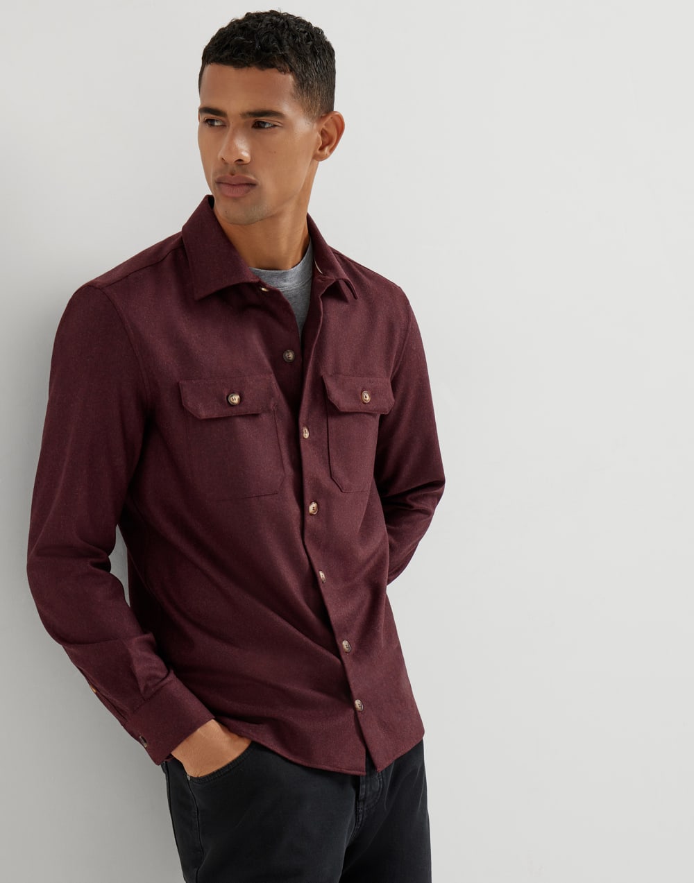 Virgin wool flannel overshirt with chest pockets