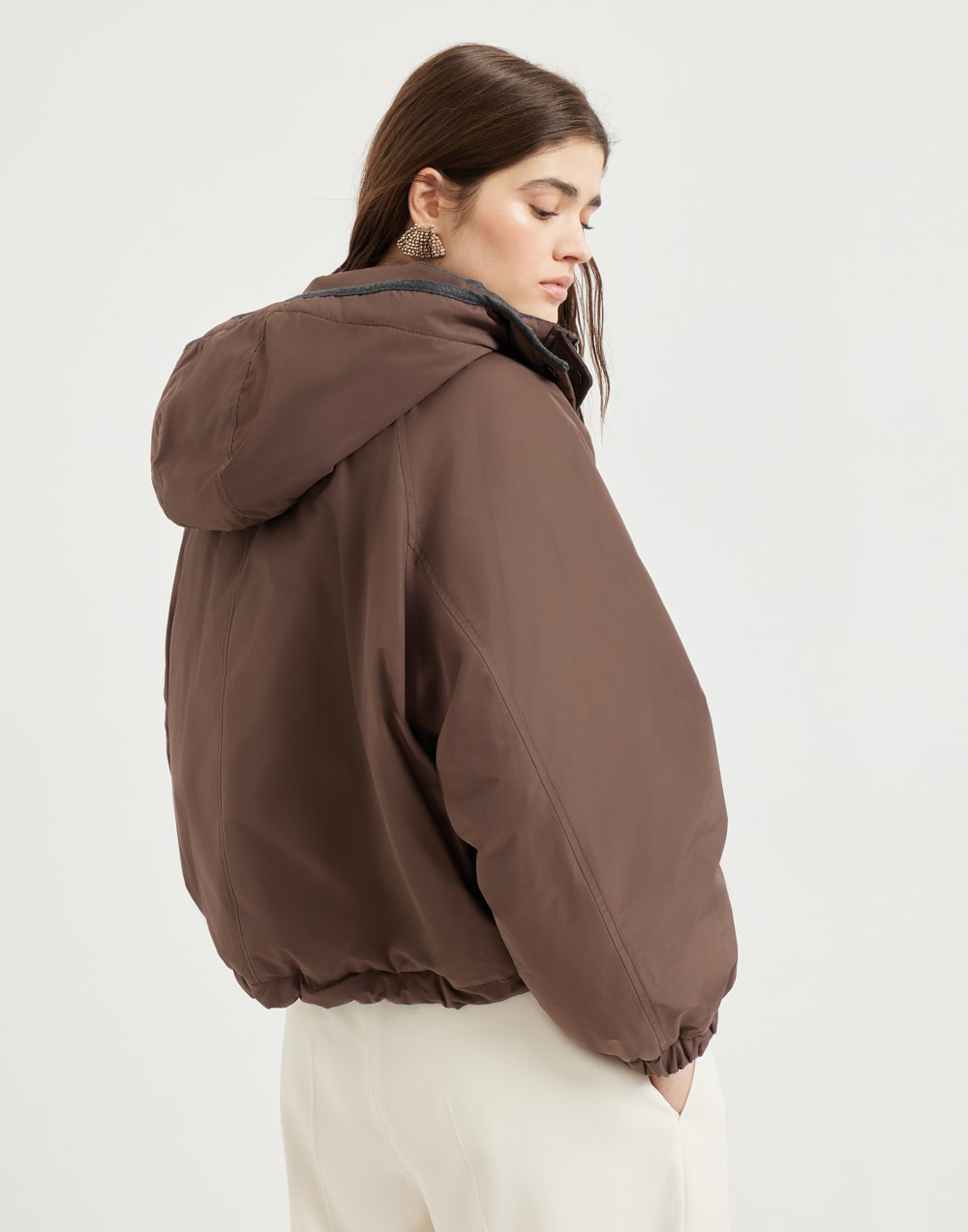Techno cotton water-resistant taffeta cropped down jacket with detachable hood and shiny zipper pull