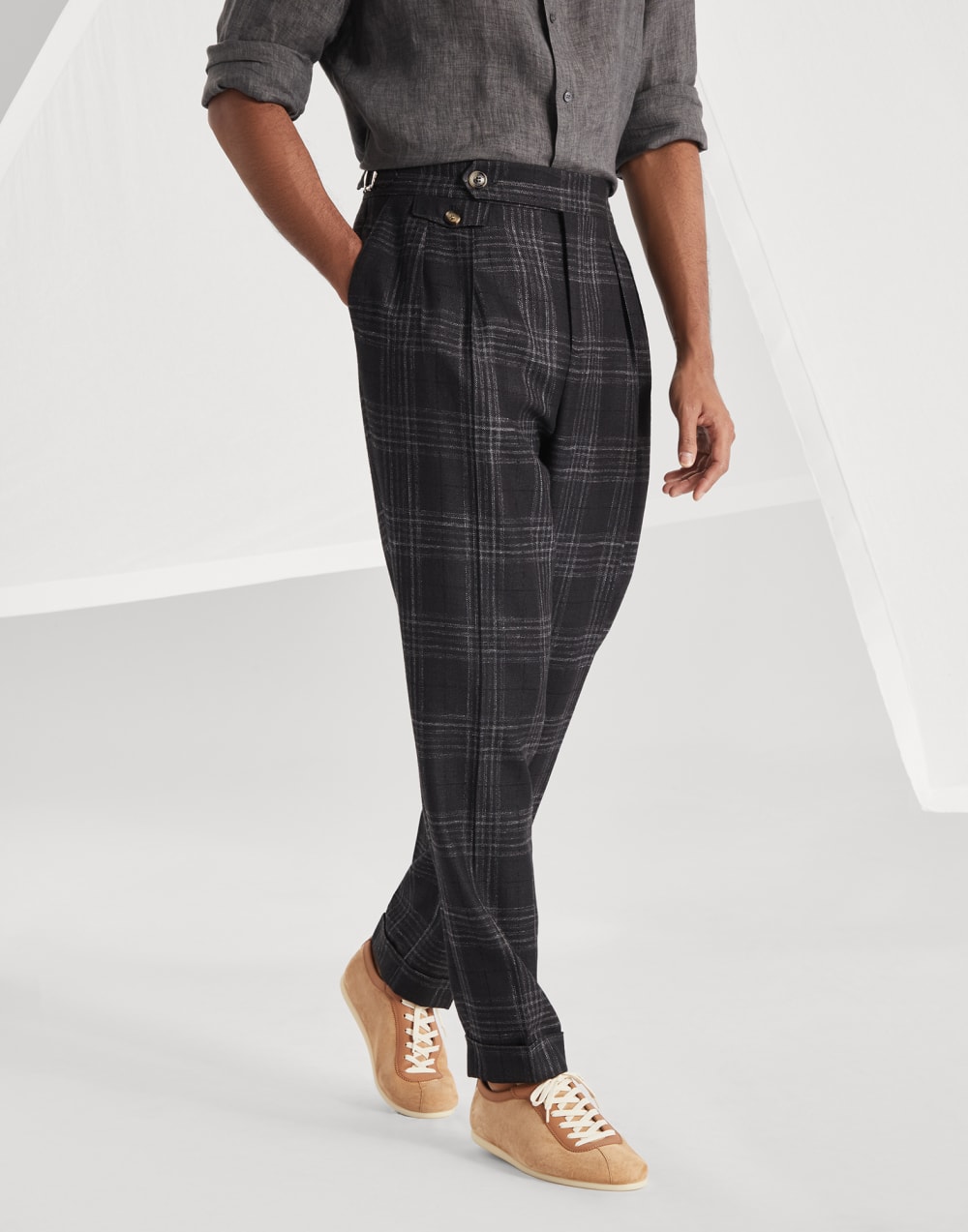 Wool, silk and linen tartan leisure fit trousers with double pleats and waist tabs