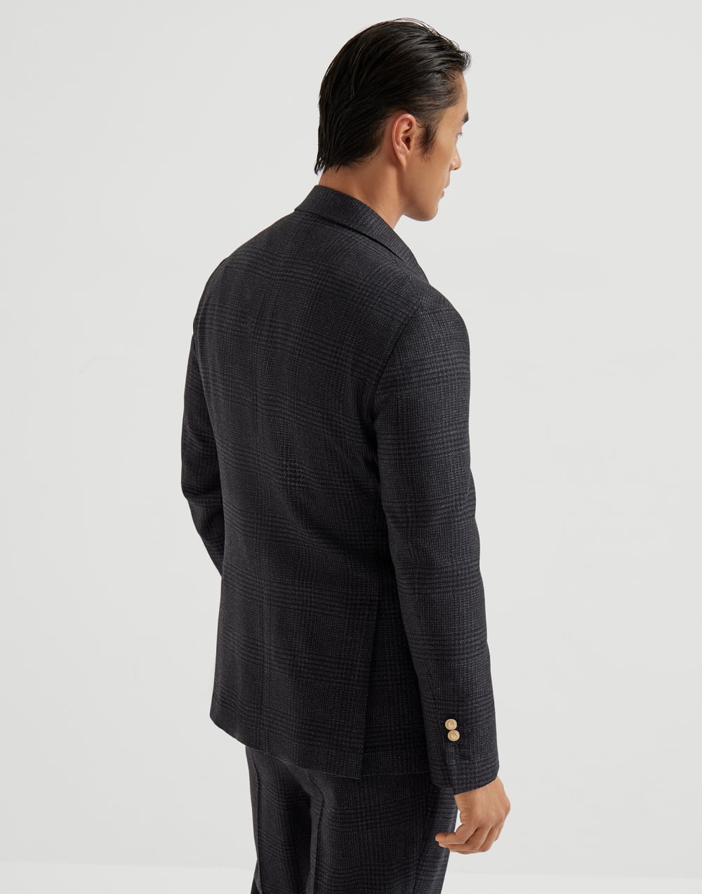 Wool, cashmere and silk tone-on-tone Prince of Wales one-and-a-half breasted deconstructed blazer with patch pockets and metal buttons
