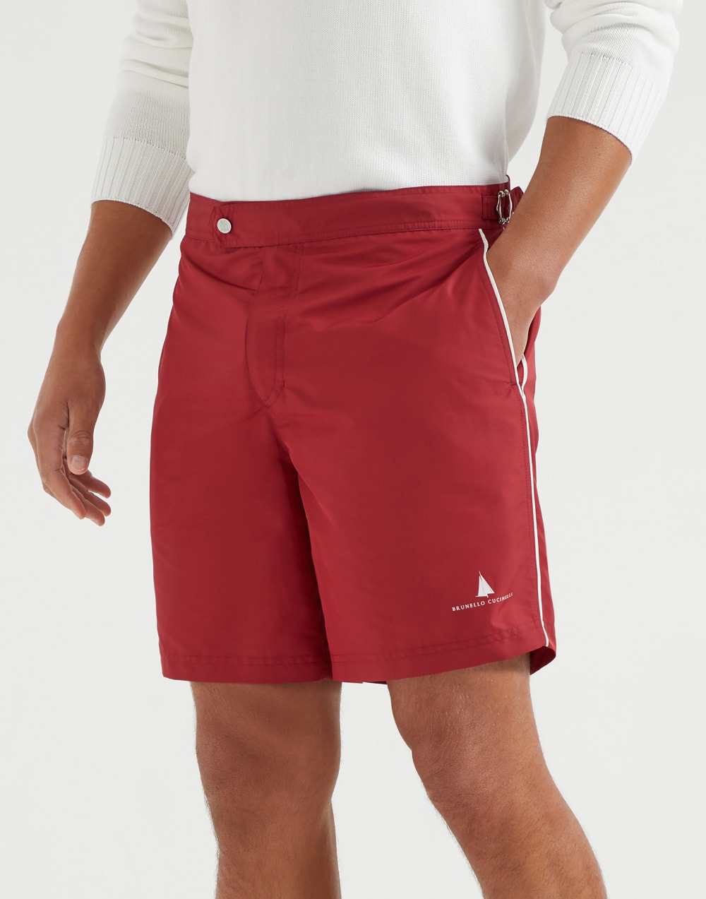 Nylon swim shorts with tabbed waistband and print
