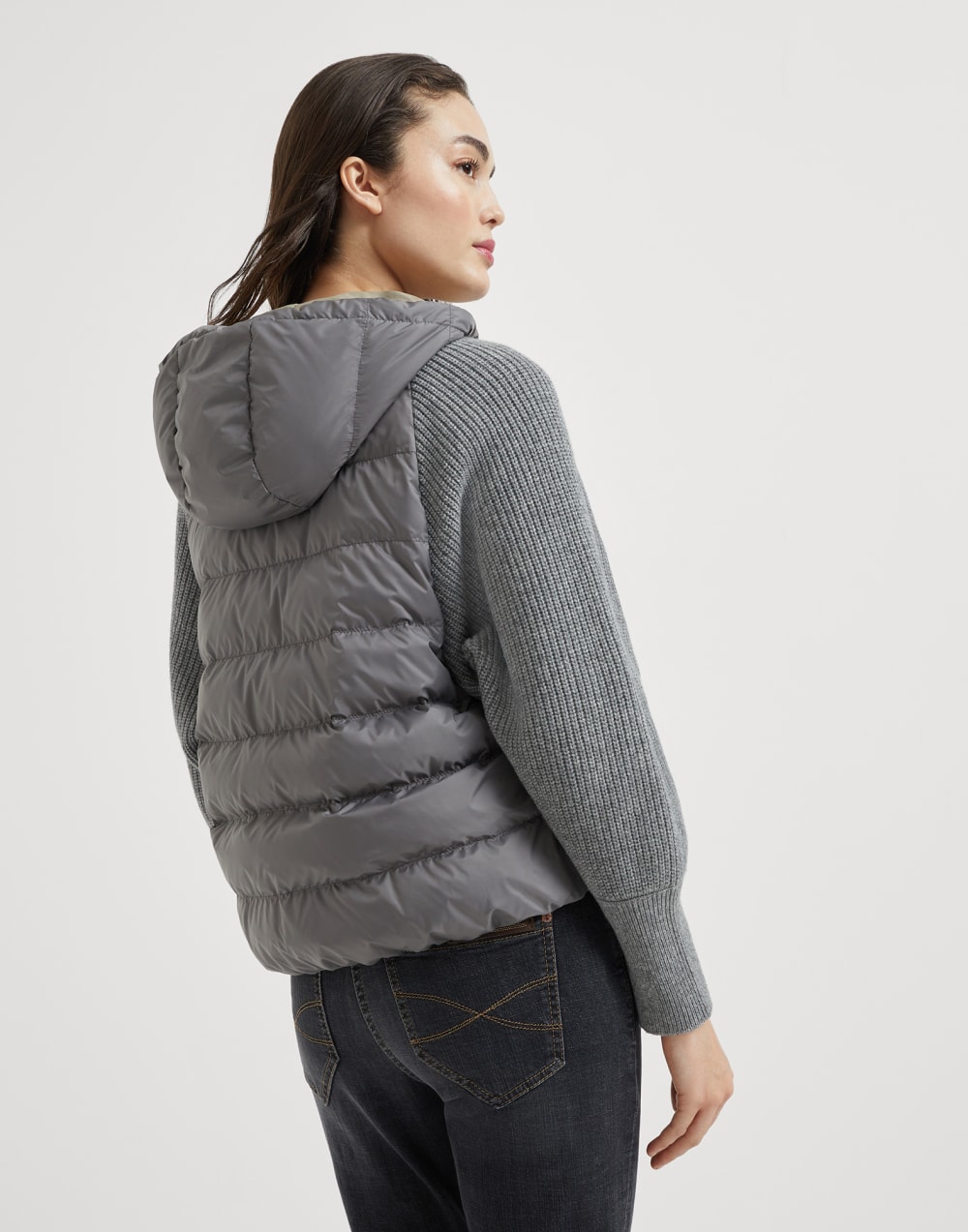 Water-resistant matte nylon hooded down jacket with monili and sleeves in virgin wool, cashmere and silk knit