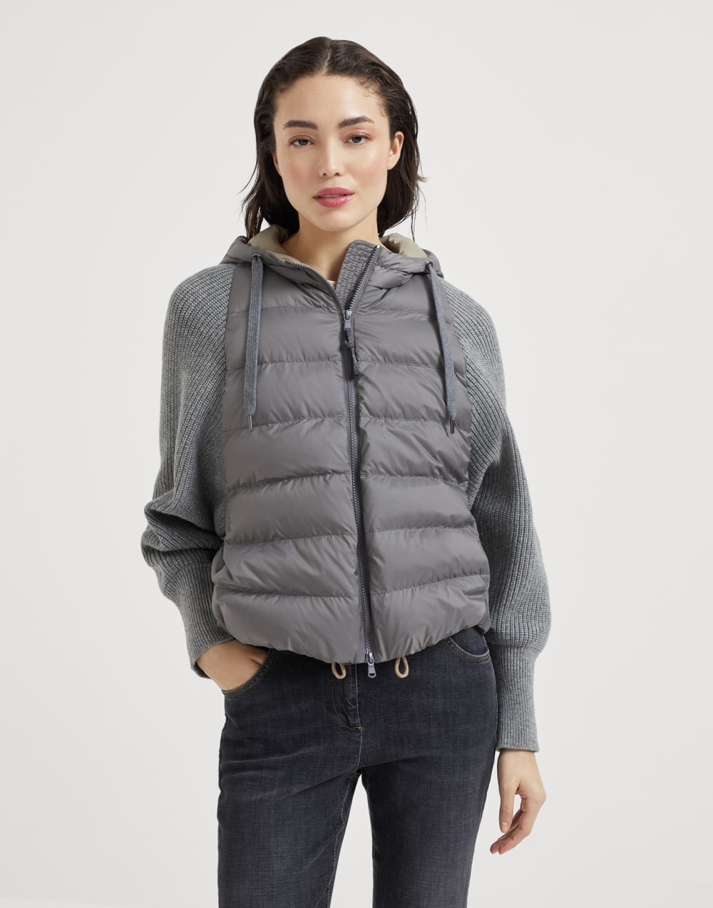 Water-resistant matte nylon hooded down jacket with monili and sleeves in virgin wool, cashmere and silk knit
