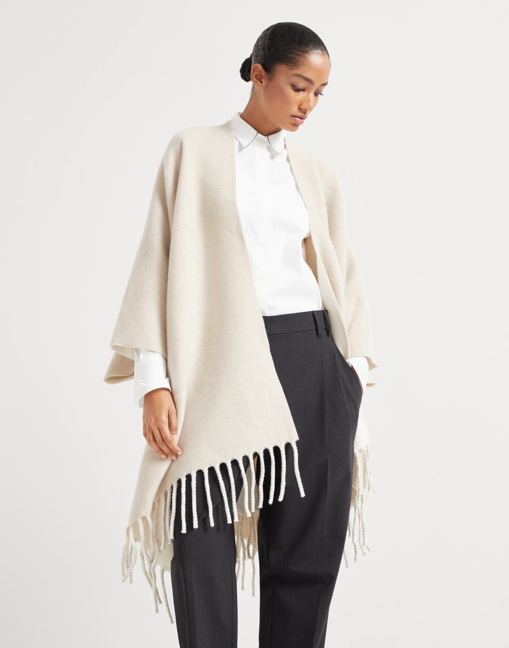 Wool and cashmere reversible double knit poncho