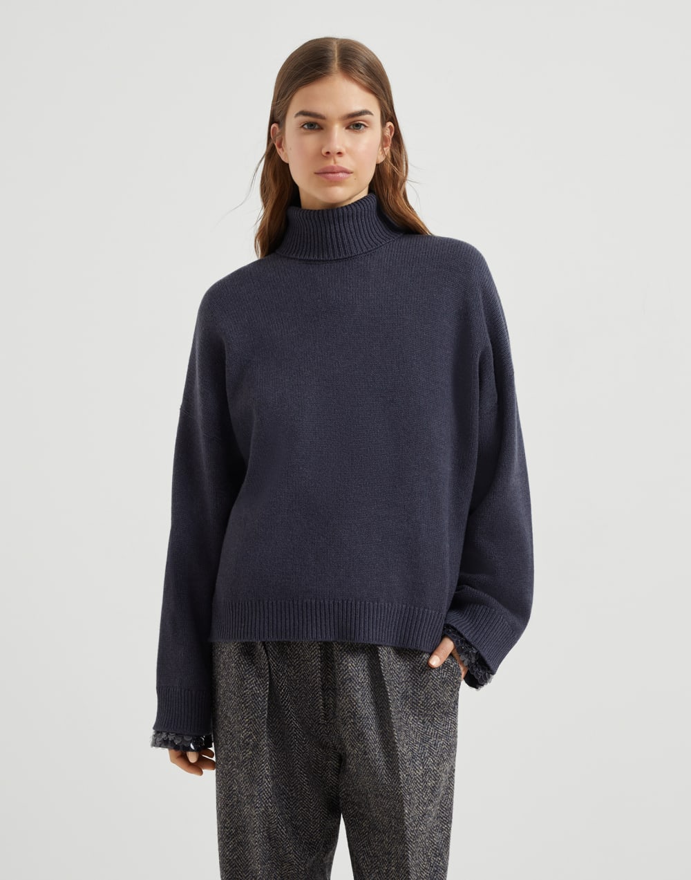 Virgin wool, cashmere and silk turtleneck sweater with swing drops cuffs