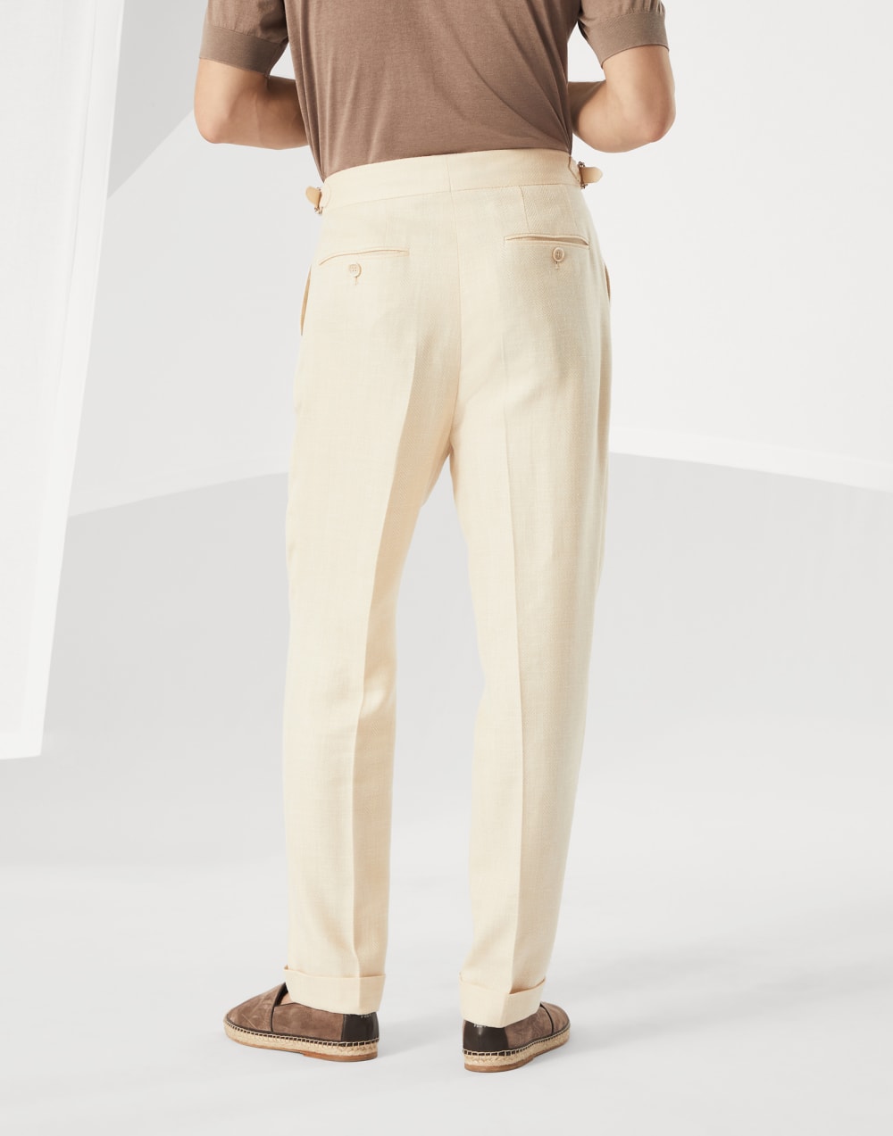 Wool, silk and linen chevron leisure fit trousers with double pleats and waist tabs