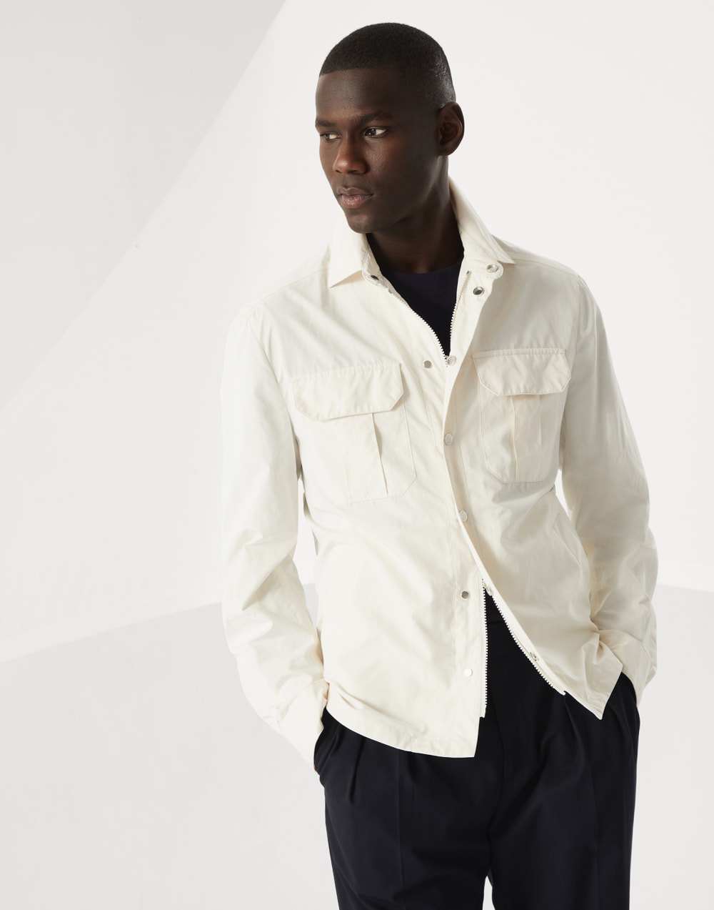 Water-resistant microfiber shirt-style unlined outerwear jacket with heat-bonded seams