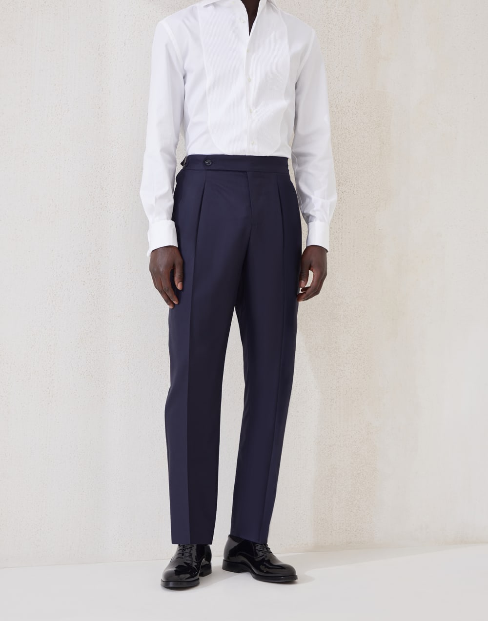 Lightweight virgin wool and silk twill tuxedo trousers with pleat and waist tabs