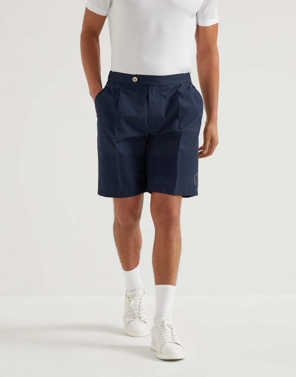 Nylon shorts with pleat and tabbed waistband