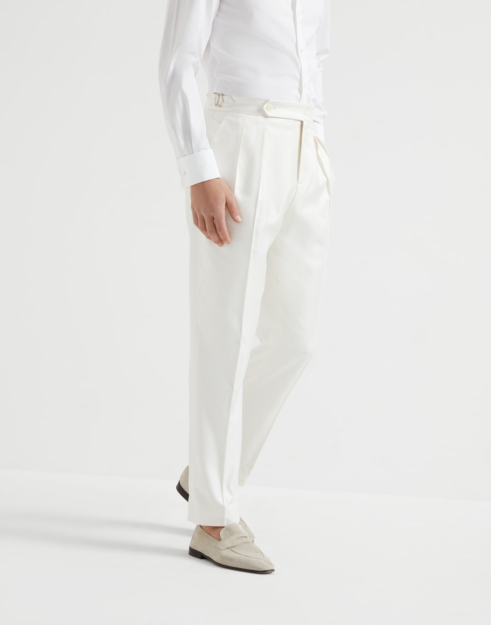 Silk diagonal tuxedo trousers with double pleats and tabbed waistband