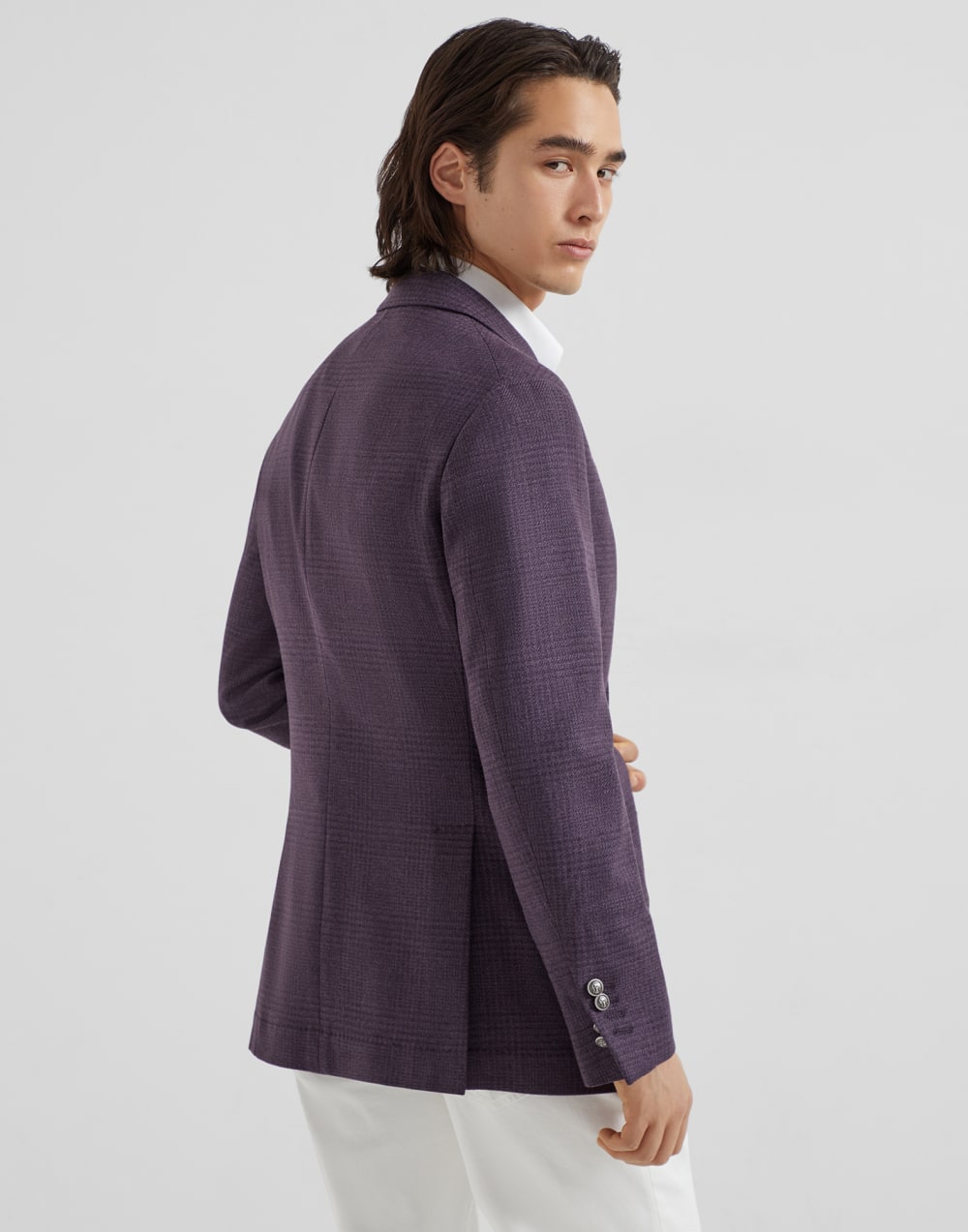 Wool, cashmere and silk tone-on-tone Prince of Wales deconstructed Cavallo blazer with metal buttons