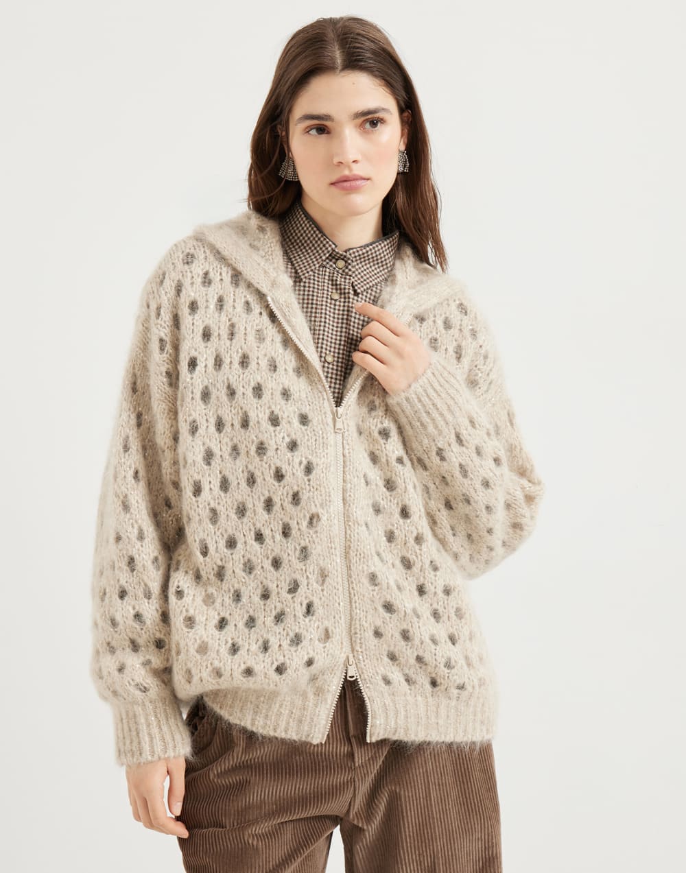Wispy mohair and wool dazzling net cardigan with hood