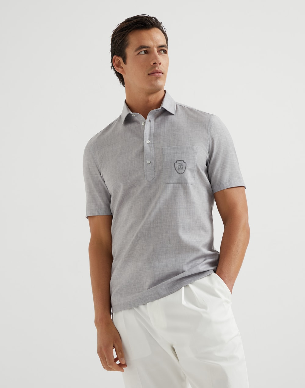 Virgin wool poplin polo shirt with chest pocket and logo