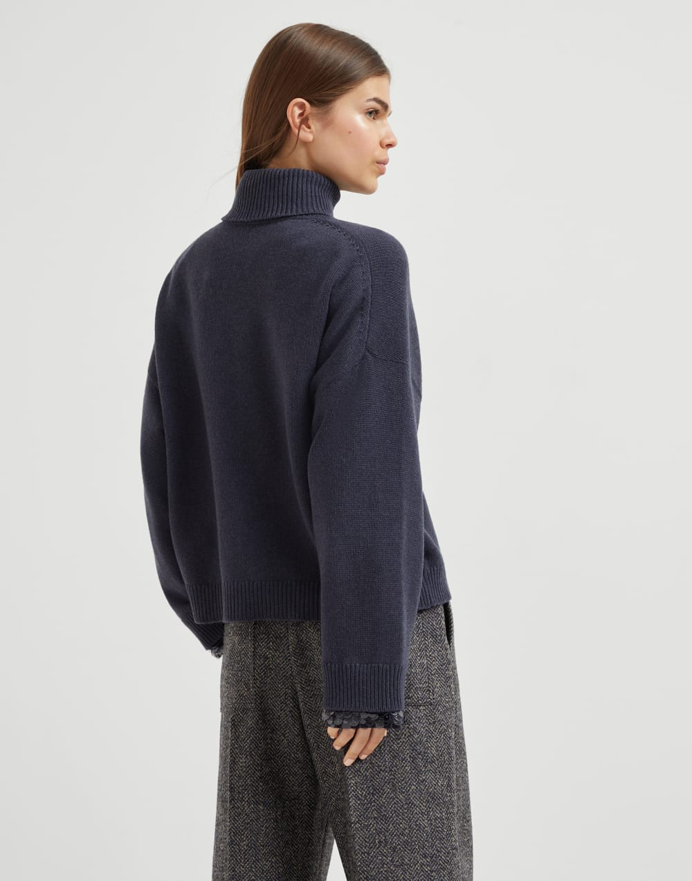 Virgin wool, cashmere and silk turtleneck sweater with swing drops cuffs