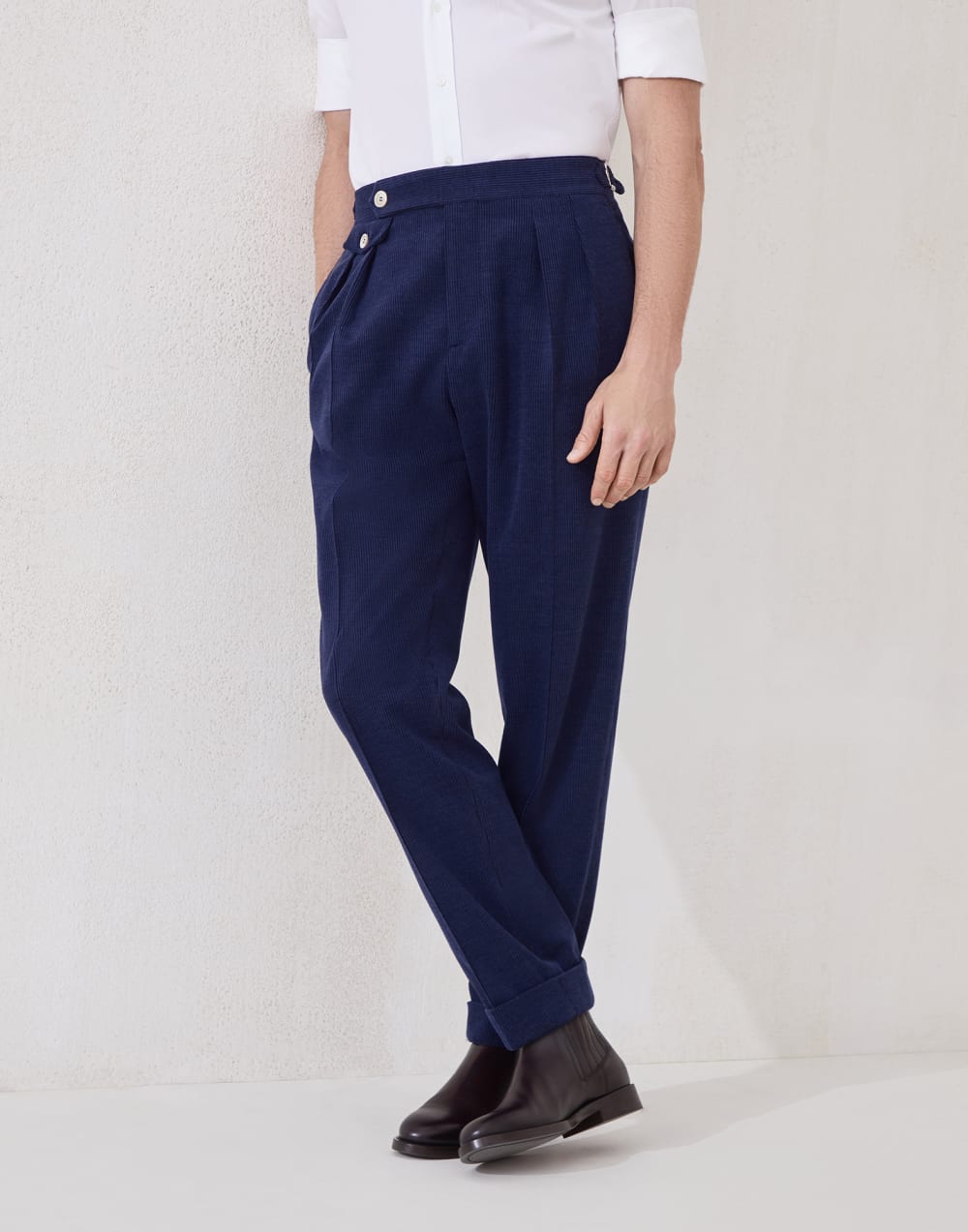 Wool, silk and cashmere corduroy tailor fit trousers with double pleats and waist tabs