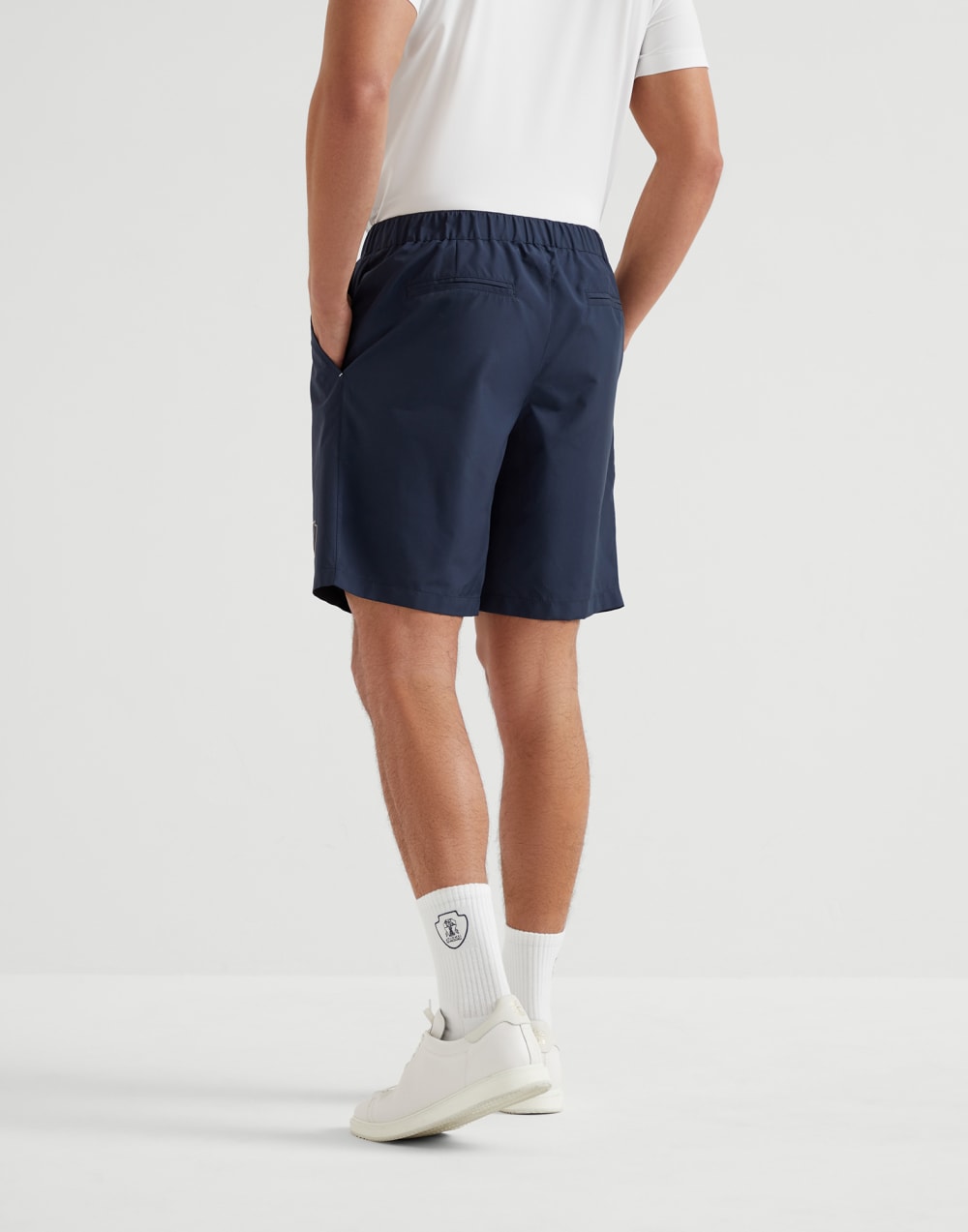 Nylon shorts with pleat and tabbed waistband