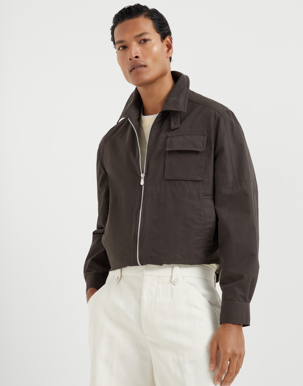 Water-resistant techno cotton gabardine outerwear jacket