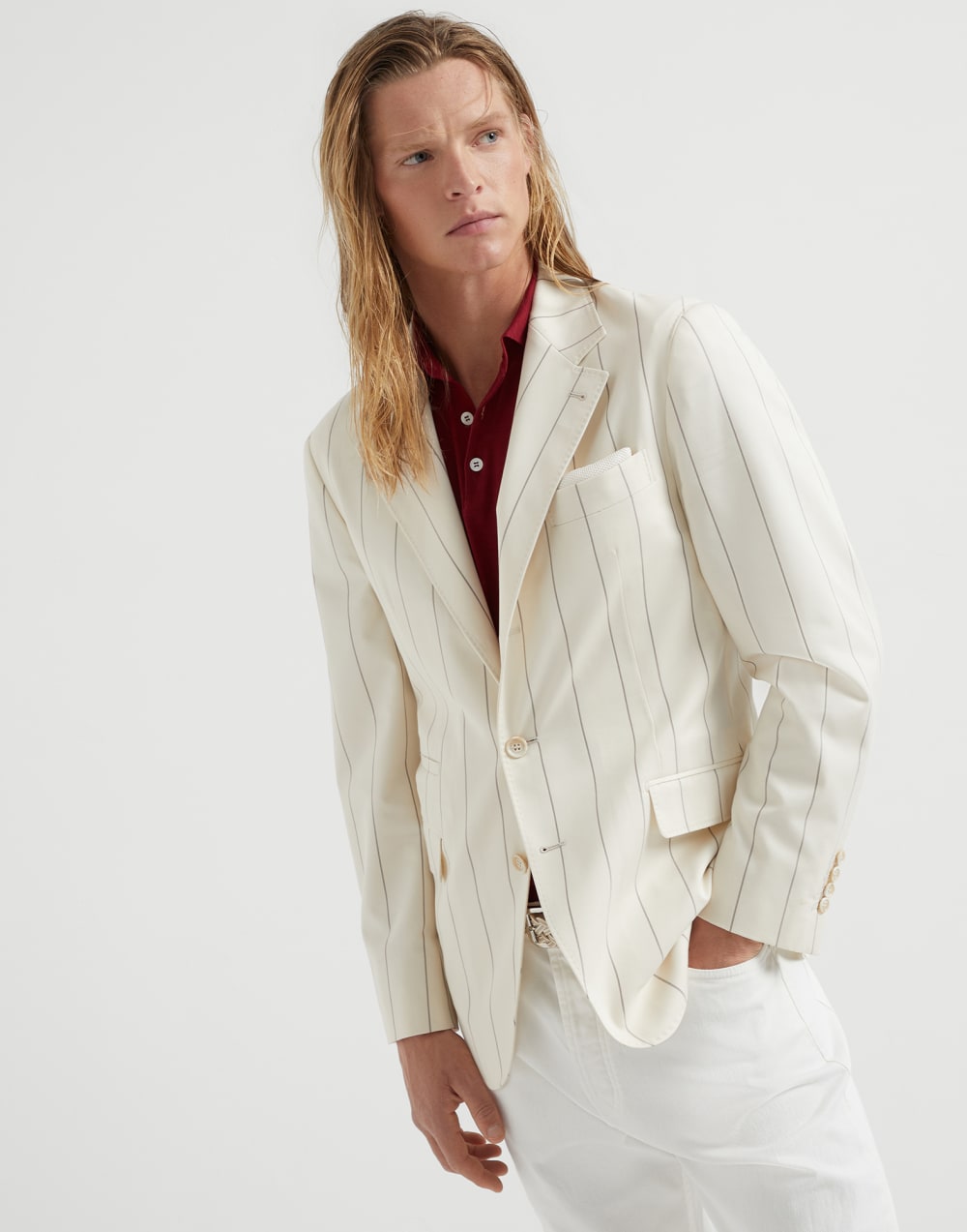 Wool and Sea Island cotton chalk stripe gabardine deconstructed blazer