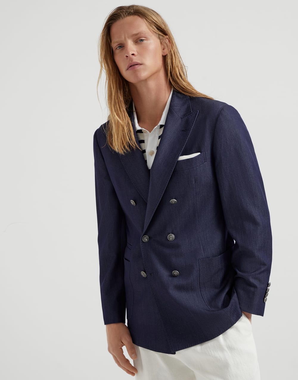 Virgin wool, abaca and silk twill one-and-a-half breasted deconstructed blazer with patch pockets and metal buttons