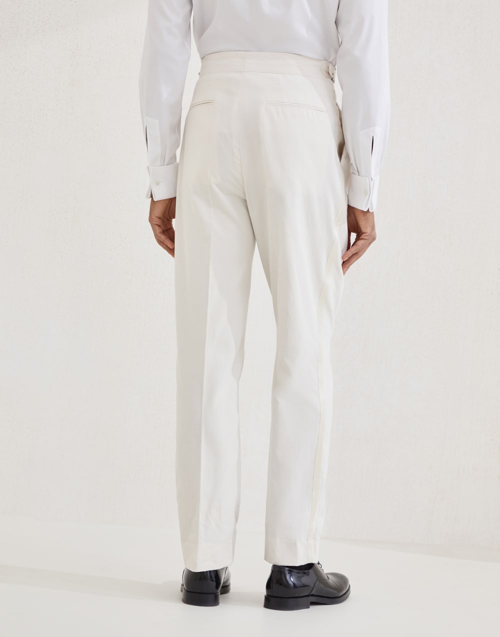 Sea Island cotton narrow wale corduroy tuxedo trousers with double pleats and waist tabs