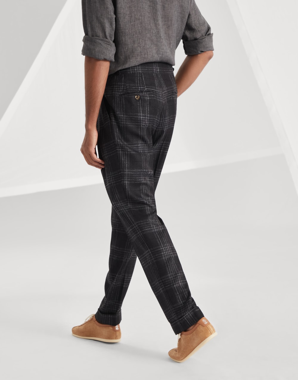Wool, silk and linen tartan leisure fit trousers with double pleats and waist tabs