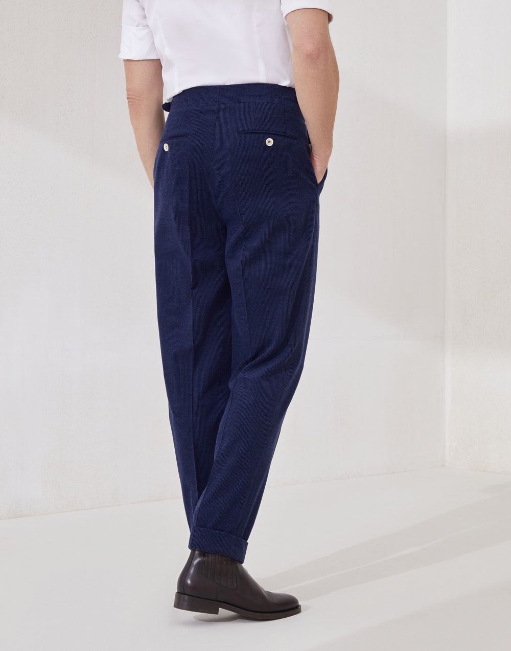 Wool, silk and cashmere corduroy tailor fit trousers with double pleats and waist tabs