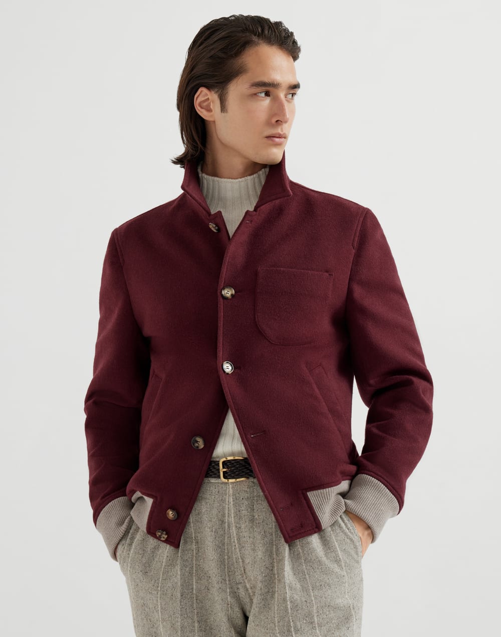 Wool flannel double cloth shirt-style bomber jacket