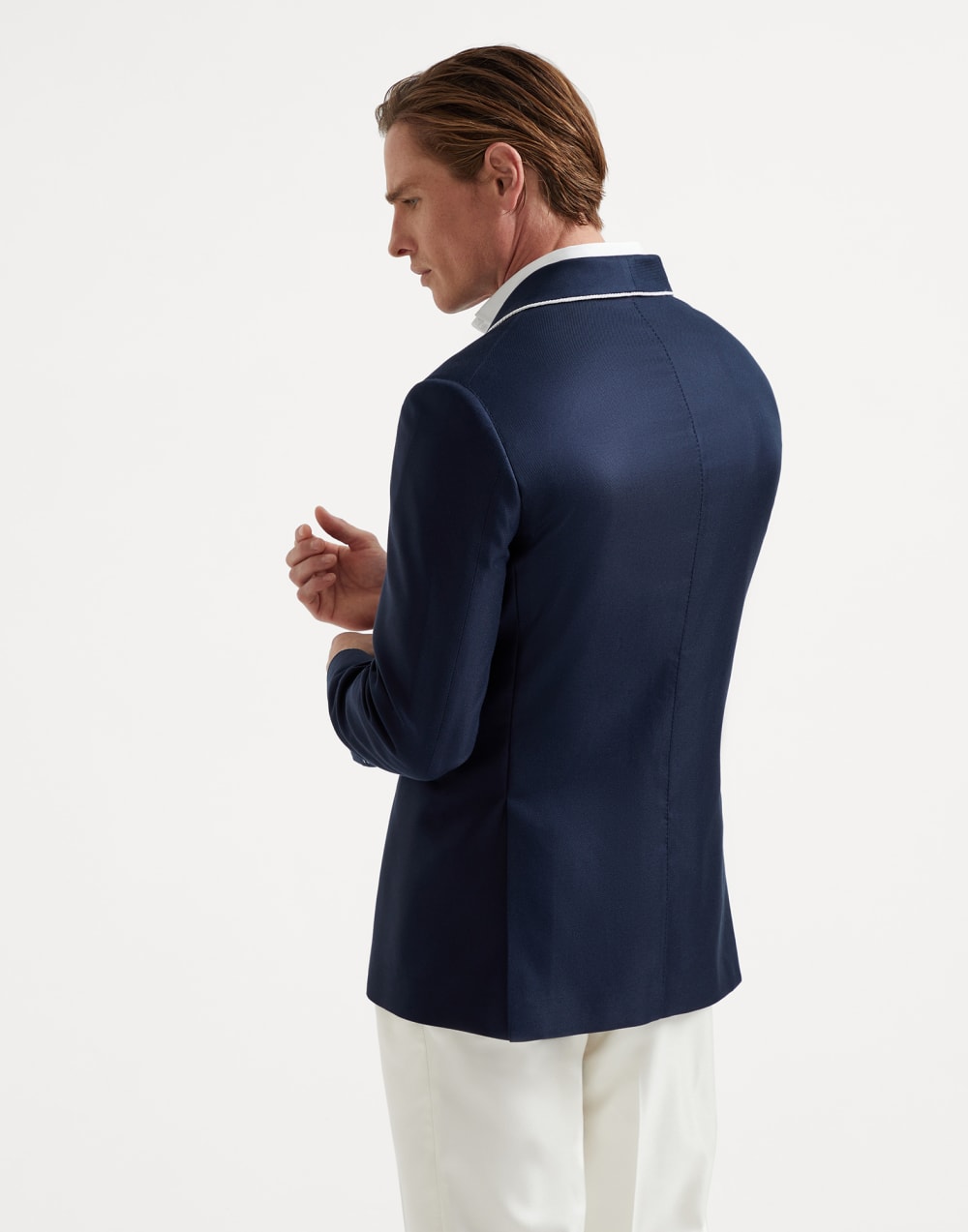 Silk diagonal one-and-a-half breasted tuxedo jacket with shawl lapels and piping