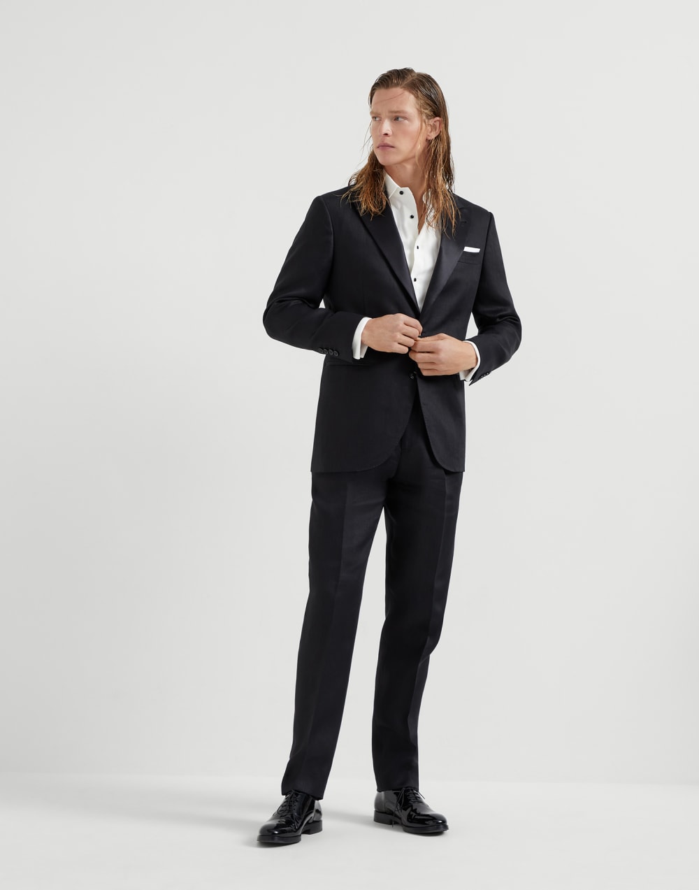 Linen satin tuxedo with peak lapel jacket and trousers with pleat