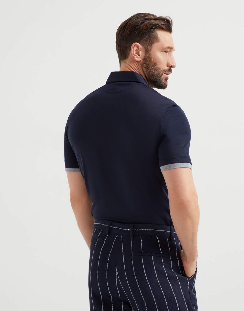 Silk and cotton jersey shirt-style collar polo with faux-layering